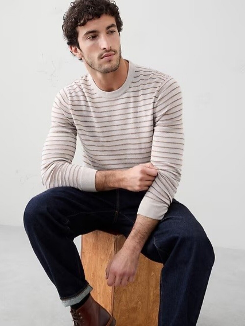 Banana Republic Men's 100% Merino Wool Textured Striped Sweater Size L Brown